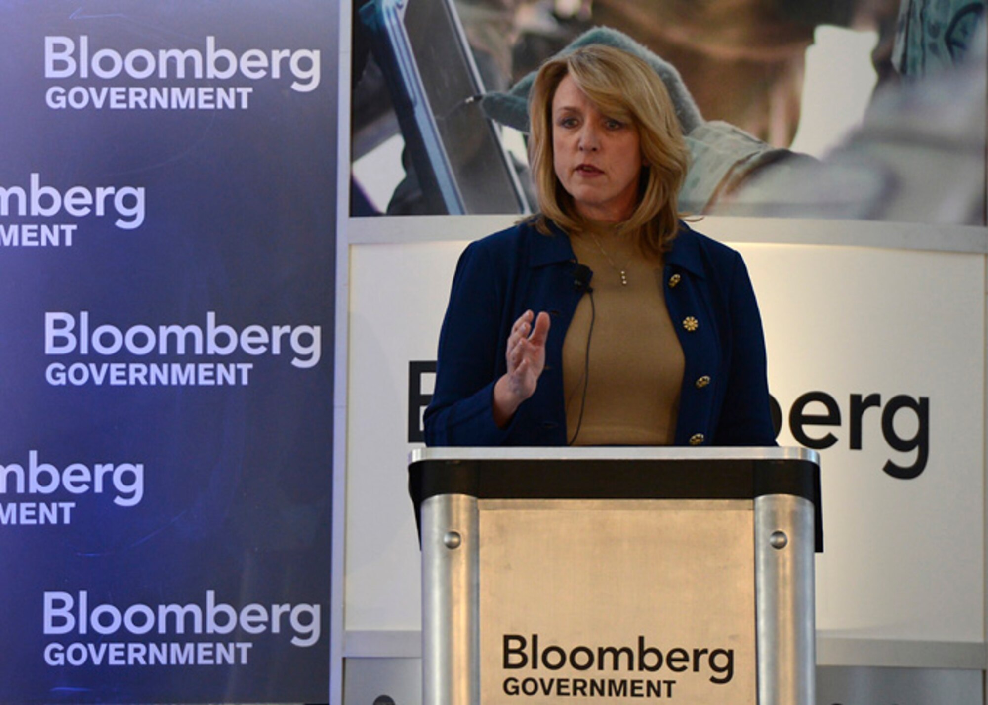Secretary of the Air Force Deborah Lee James addresses attendees of the Bloomberg Government Defense Summit at the Ronald Reagan Federal Building in Washington, D.C., Feb. 26, 2014. James discussed upcoming Air Force transformation efforts over the next several fiscal years. (U.S. Air Force photo/Scott M. Ash)