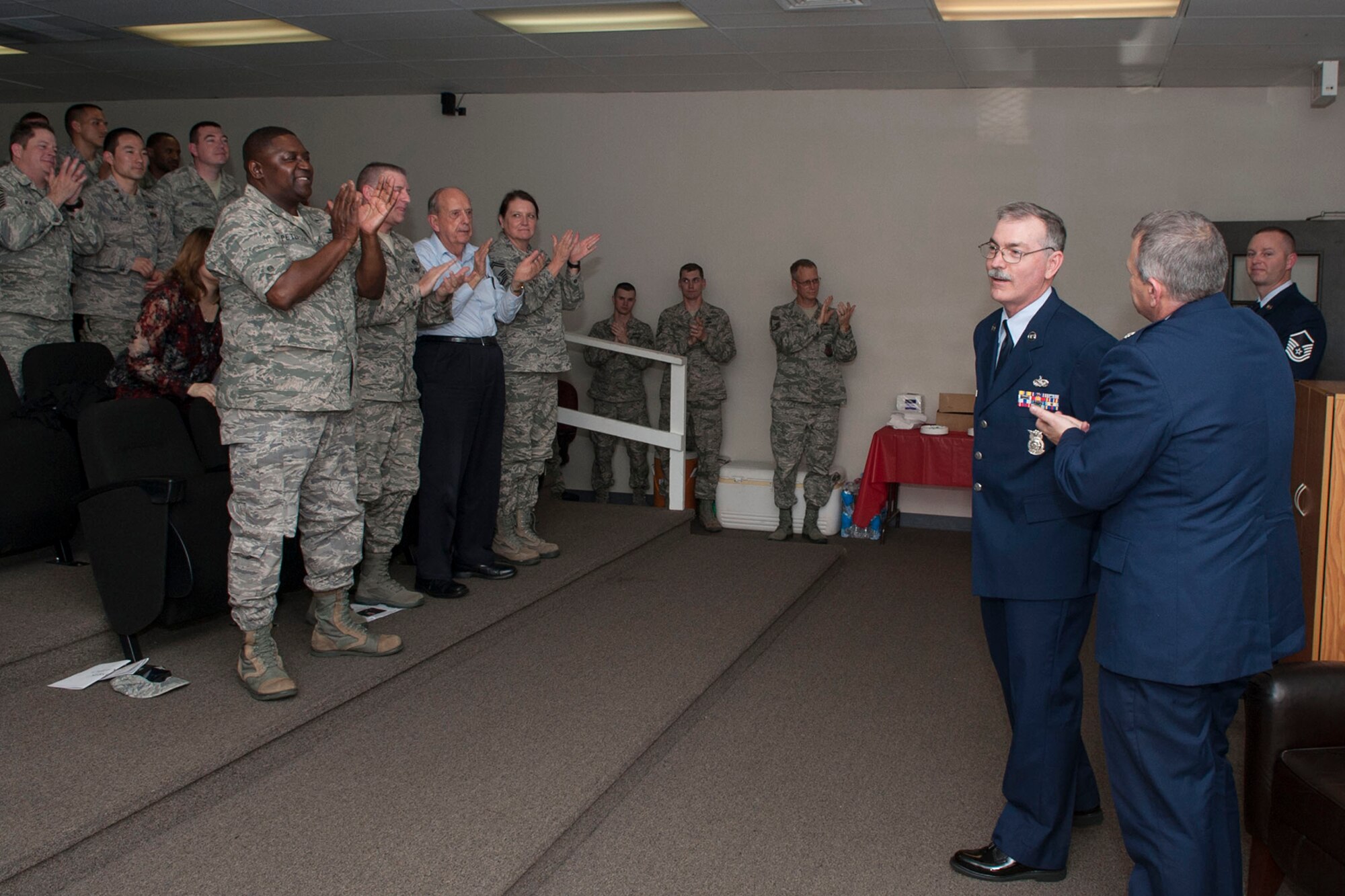 U.S. Air Force Tech. Sgt. Richard McCune, speaks during his retirement ceremony Mar. 1, 2014, at Barksdale Air Force Base, La. McCune is a Fireman assigned to the 307th Fire Protection Flight and is retiring after serving more than 22 years. (U.S. Air Force photo by Master Sgt. Jeff Walston/Released)
