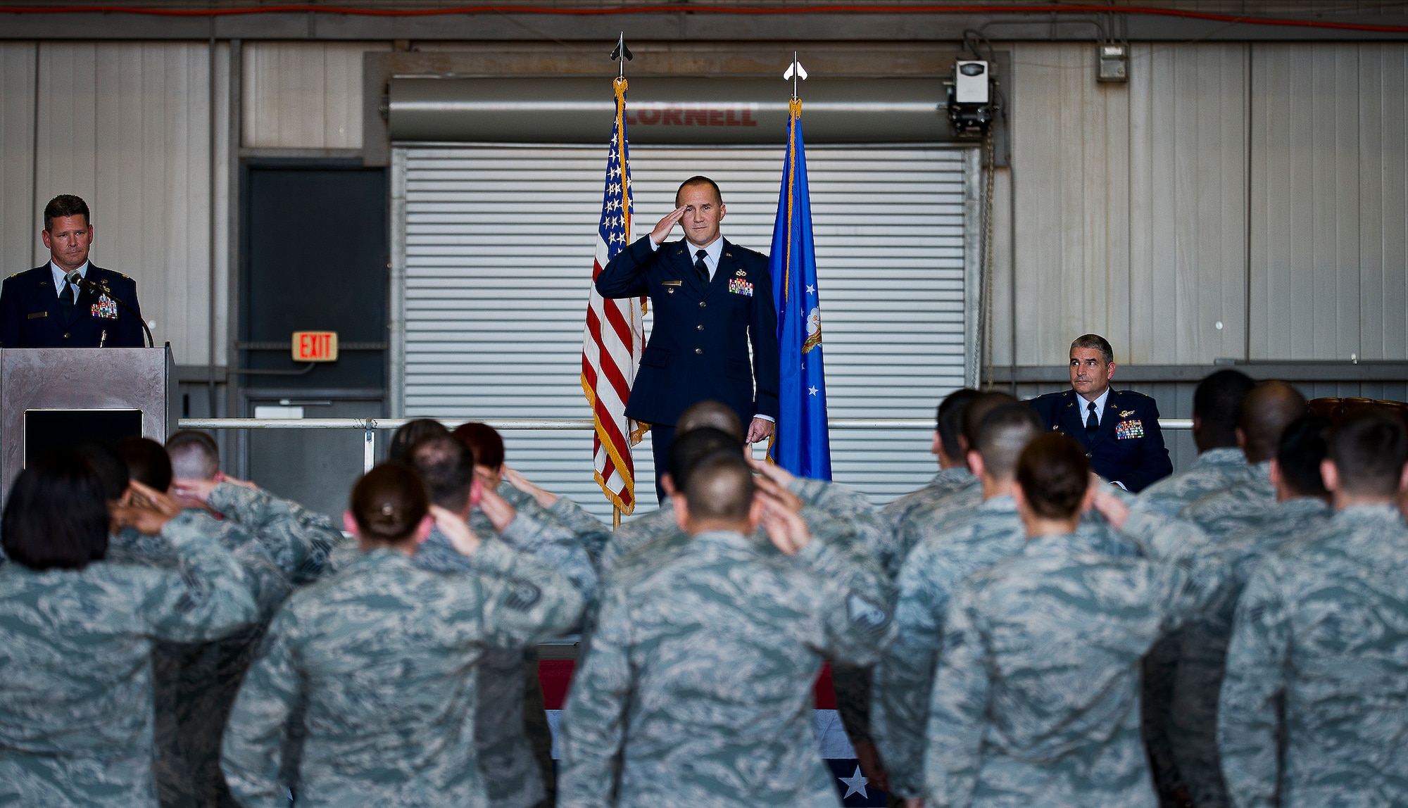 Lt. Col. Brian Stahl salutes members of the 919th Special Operations Mission Support Group as their new commander during his assumption of command ceremony at Duke Field, Fla., March 1.  (U.S. Air Force photo/Tech. Sgt. Samuel King Jr.)