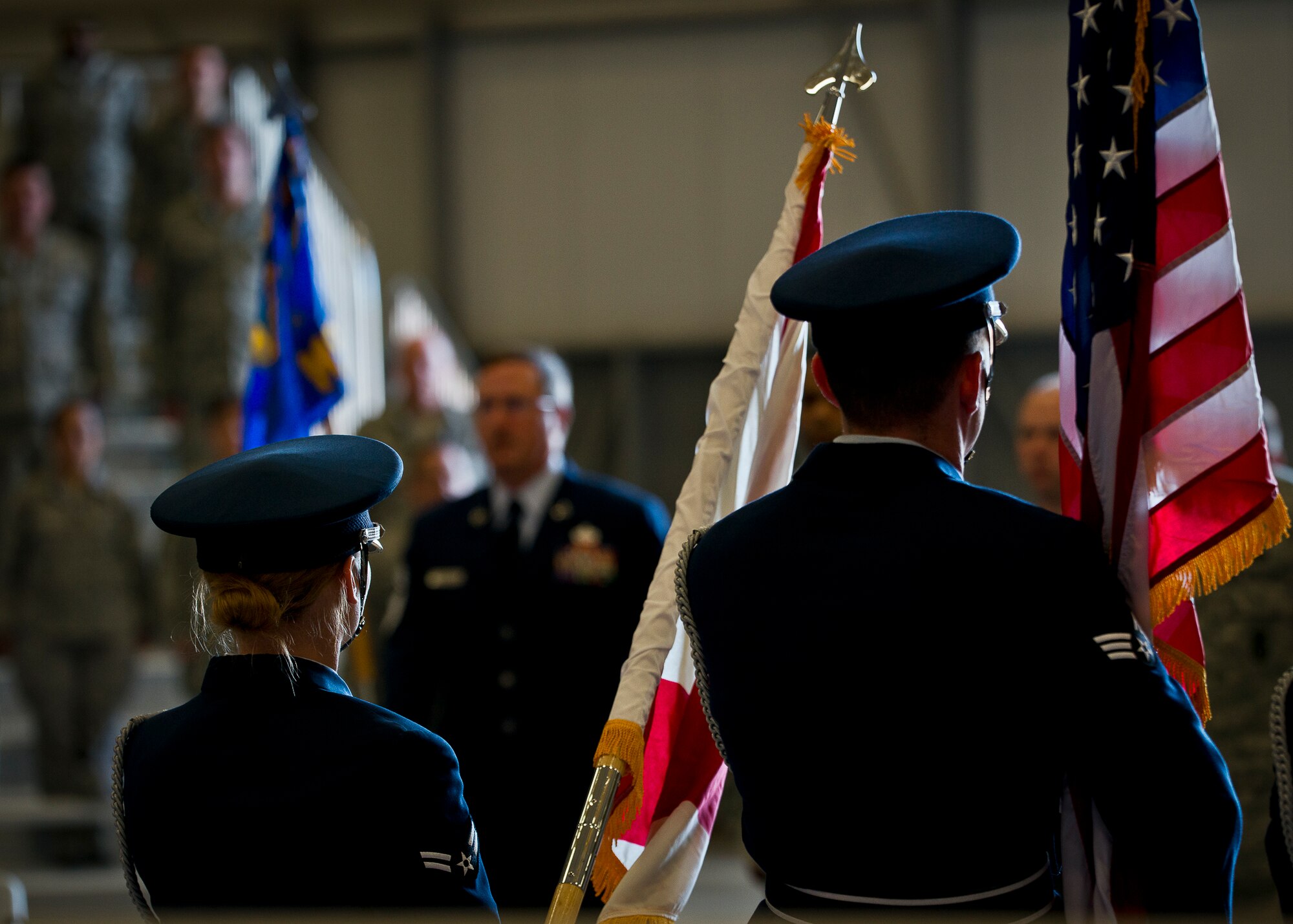 The Eglin Air Force Base Honor Guard presents the colors during the 919th Special Operations Mission Support Group assumption of command ceremony at Duke Field, Fla., March 1.  Lt. Col. Brian Stahl took command of the wing at the ceremony. (U.S. Air Force photo/Tech. Sgt. Samuel King Jr.)