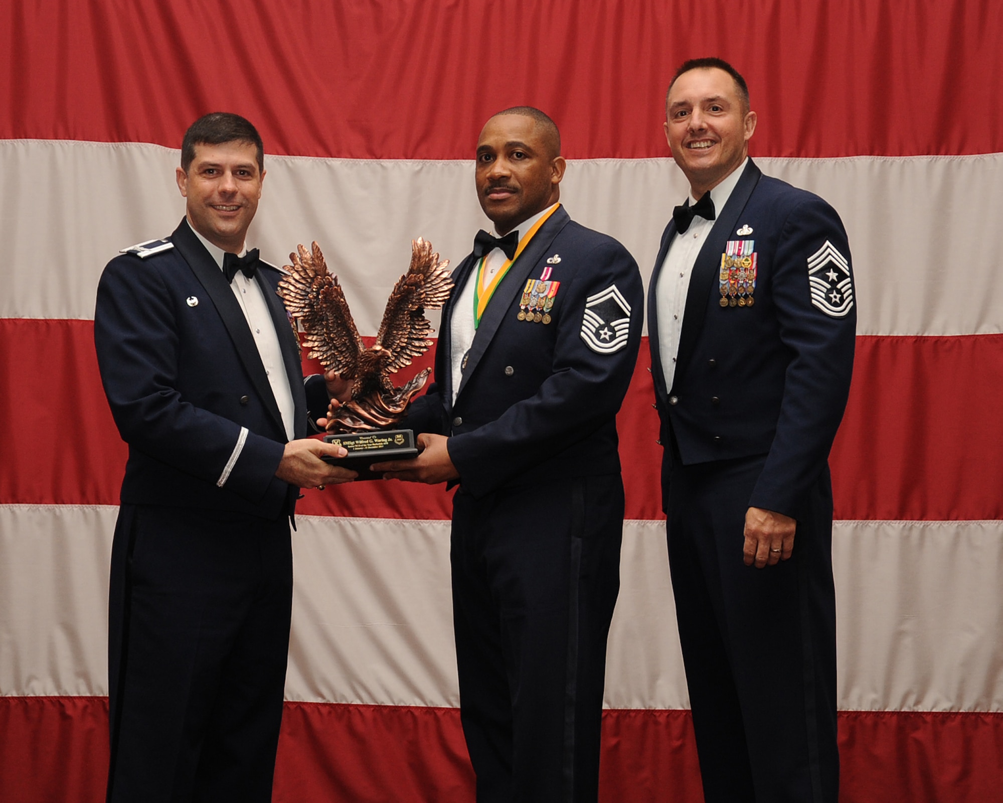Senior Master Sgt. Wilfred Waring, 2nd Maintenance Squadron, is presented the Senior Non-Commissioned Officer of the Year award during the Annual Awards ceremony at Hoban Hall on Barksdale Air Force Base, La., Feb. 20, 2014. (U.S. Air Force photo/Staff Sgt Sean Martin)
