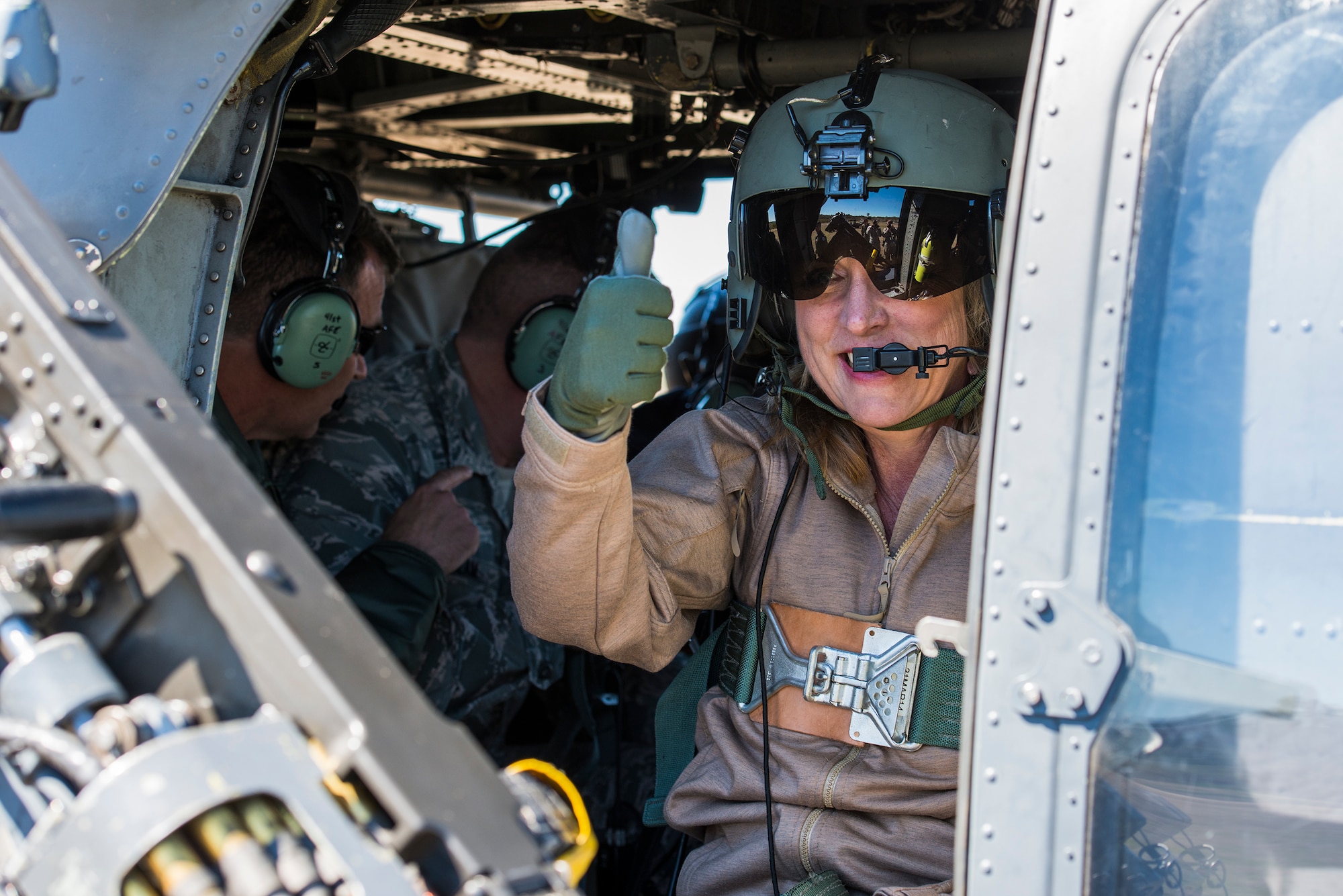 Secretary of the Air Force Deborah Lee James sits in the gunner’s seat of an HH-60G Pave Hawk during a visit at Moody Air Force Base, Ga., Feb. 28, 2014. During her short demonstration, James got first-hand experience on a .50 caliber machine gun. (U.S. Air Force photo by Airman 1st Class Ryan Callaghan/Released)
