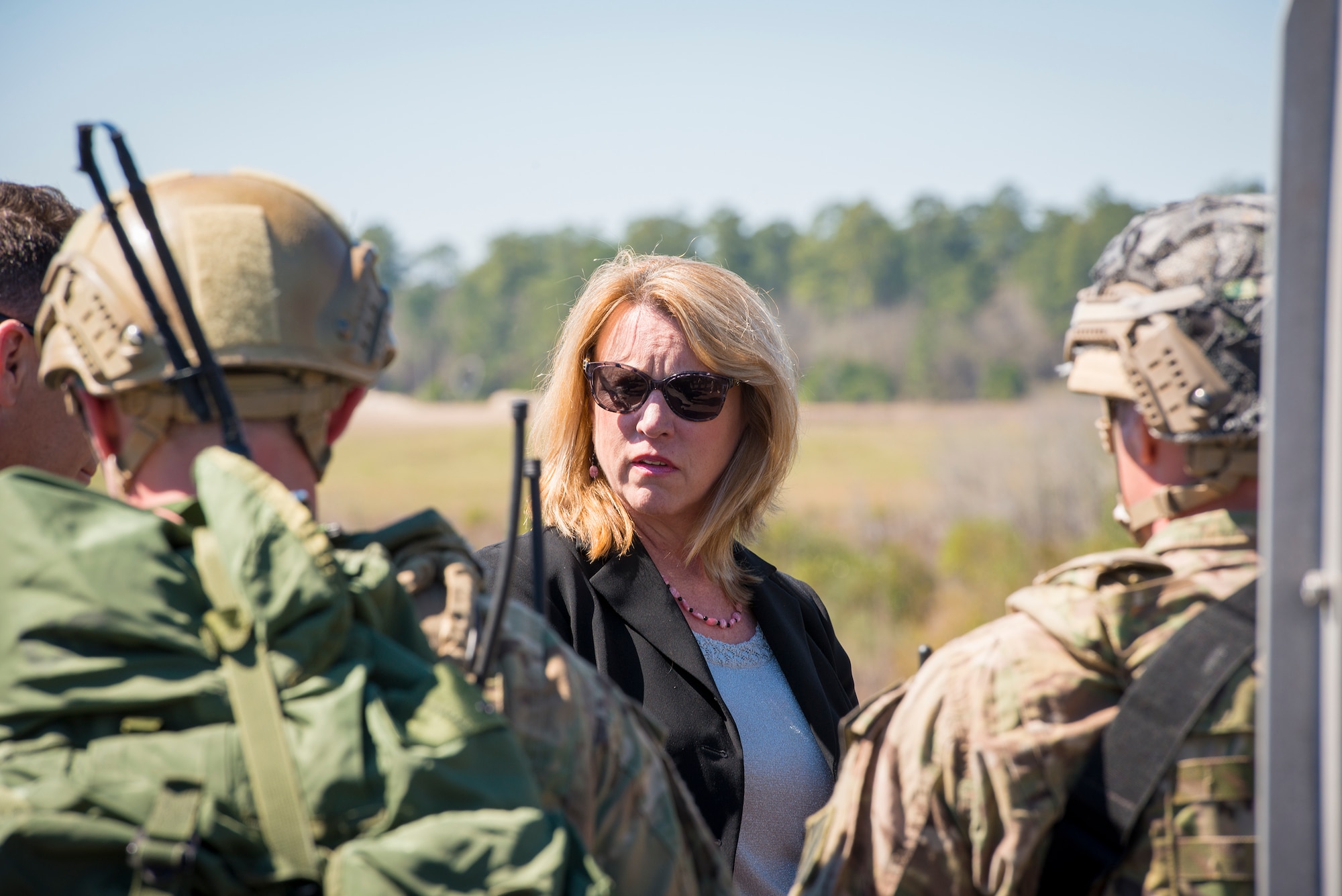 Secretary of the Air Force Deborah Lee James speaks with joint terminal attack controllers during a visit to Moody Air Force Base, Ga., Feb. 28, 2014. James observed personnel recovery and close air support demonstrations during her visit to see, first-hand, Moody’s three missions of “attack, rescue, protect.” (U.S. Air Force photo by Airman 1st Class Ryan Callaghan/Released)
