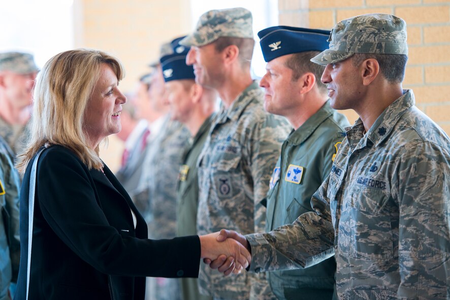 Secretary of the Air Force Deborah Lee James greets U.S. Air Force Lt. Col. Michael Jones, 23d Mission Support Group deputy commander, at Moody Air Force Base, Ga., Feb. 28, 2014. During her visit, James sat down for lunch with Airmen and conducted an all call to discuss Air Force priorities. (U.S. Air Force photo by Airman 1st Class Ryan Callaghan/Released)