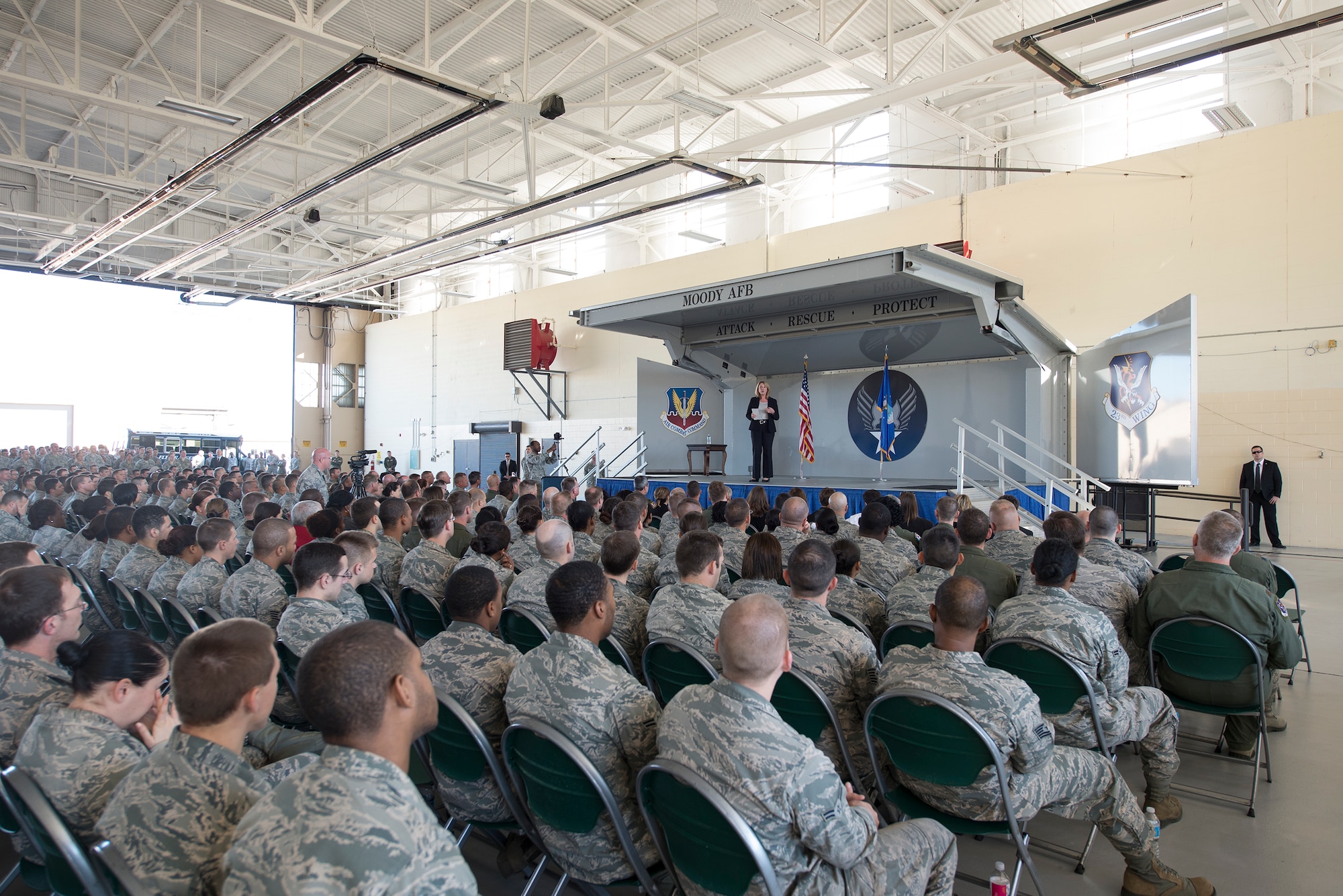 Secretary of the Air Force Deborah Lee James answers a variety of questions from Airmen during an all call at Moody Air Force Base, Ga., Feb. 28, 2014. James recently visited Joint Base Langley-Eustis, Va., Shaw Air Force Base, S.C., and Moody, as part of her first tour of Air Combat Command bases since assuming the role of SecAF in December 2013. (U.S. Air Force photo by Airman 1st Class Ryan Callaghan/Released)

