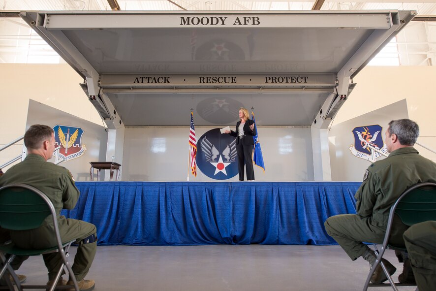 Secretary of the Air Force Deborah Lee James speaks to Airmen during an all call at Moody Air Force Base, Ga., Feb. 28, 2014. James spoke on the Air Force’s current priorities, budgeting changes, and force management programs. (U.S. Air Force photo by Airman 1st Class Ryan Callaghan/Released)
