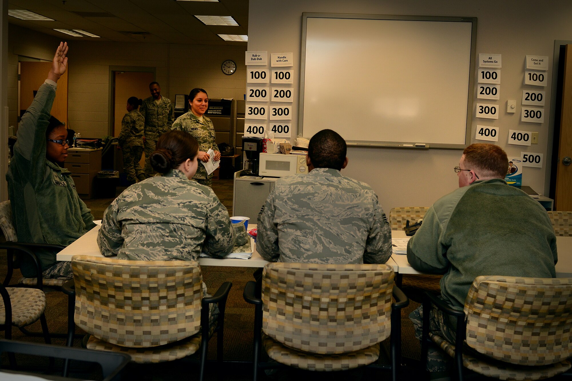 WRIGHT-PATTERSON AIR FORCE BASE, Ohio – Tech. Sgt. Alexandra Holmes, 445th Services Sustainment Flight and ServSafe (National Restaurant Association food handler program) instructor came up with innovative and fun ways to conduct the Food Handler Training for her unit during the Feb. 9 unit training assembly. Holmes implemented a Jeopardy-style game to draw in her audience as part of the learning process and awarded certificates after the training session. (U.S. Air Force photo/Staff Sgt. Mikhail Berlin)