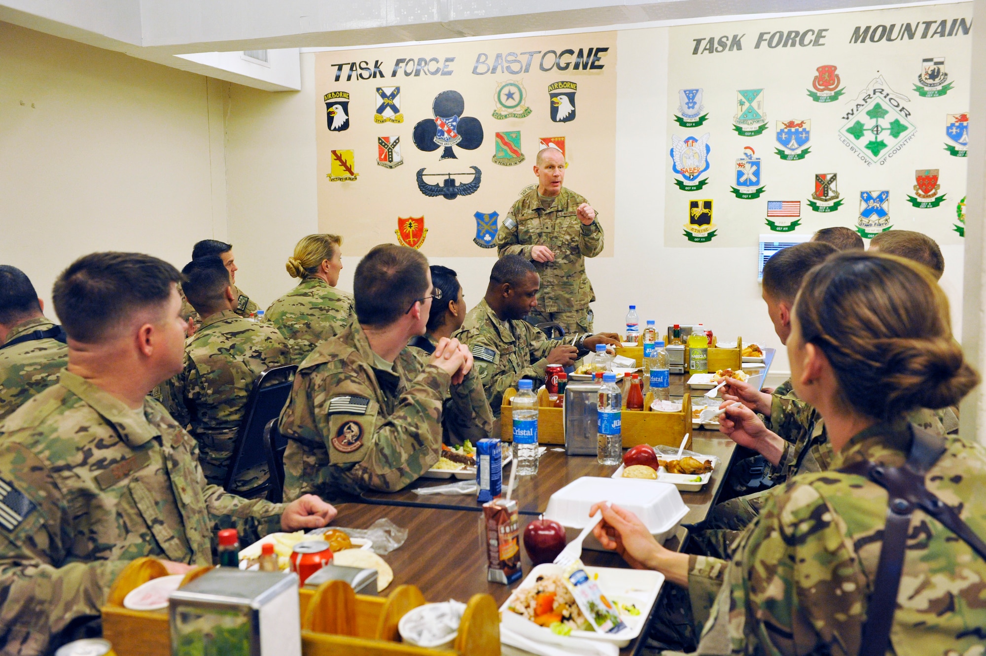 Brig. Gen. Patrick Malackowski, 455th Air Expeditionary Wing commander, talks to Airmen during a luncheon at Jalalabad Airfield, Afghanistan, Feb. 25, 2014. Malackowski spent the day talking to airmen at Jalalabad and recognizing outstanding performers there.(U.S. Air Force photo by Senior Master Sgt. Gary J. Rihn/Released)