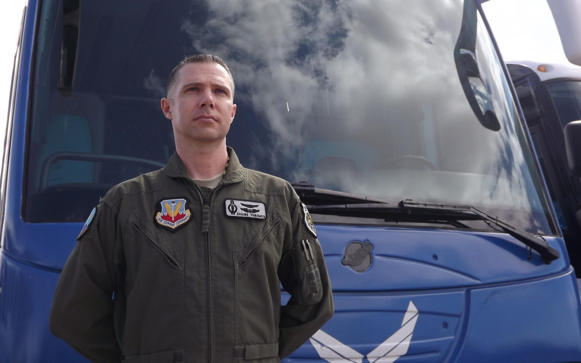 Maj. Robert S. Thrower was recognized in the Portraits in Courage volume eight for his heroic actions. Thrower received the recognition after saving 48 high school students and six faculty members before the well on a bus wheel exploded March 24, 2012. Thrower is an operations officer with the 315th Weapons Squadron. (Courtesy photo) 