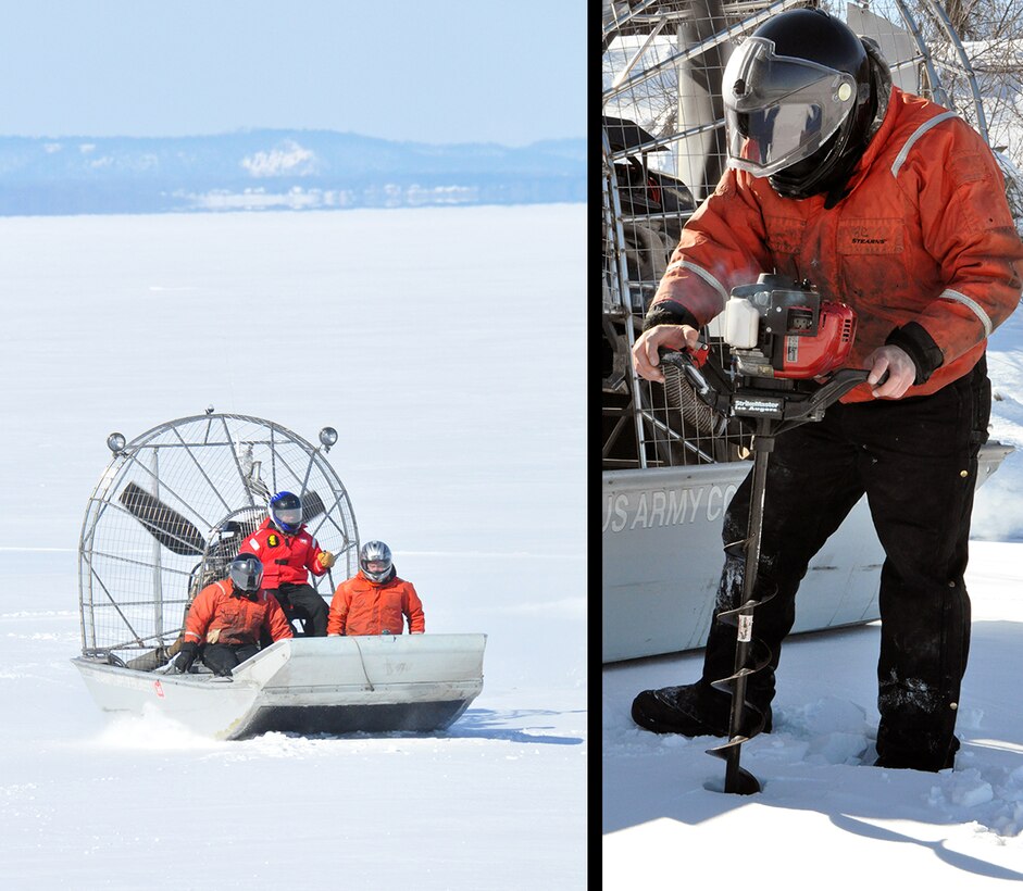 The Corps of Engineers, St. Paul District ice survey team uses an airboat in the Mississippi River, near Lake City, Minn., Feb. 27, to measure the ice thickness within Lake Pepin. The Corps of Engineers measures the ice thickness every spring and the navigation industry uses the information to determine when to break through the ice and begin the shipping season. Lake Pepin ice is traditionally the last hurdle for the navigation industry to deal with before reaching St. Paul, because the ice is usually a lot thicker in the lake due to the slow moving current. USACE photo by Patrick N. Moes          