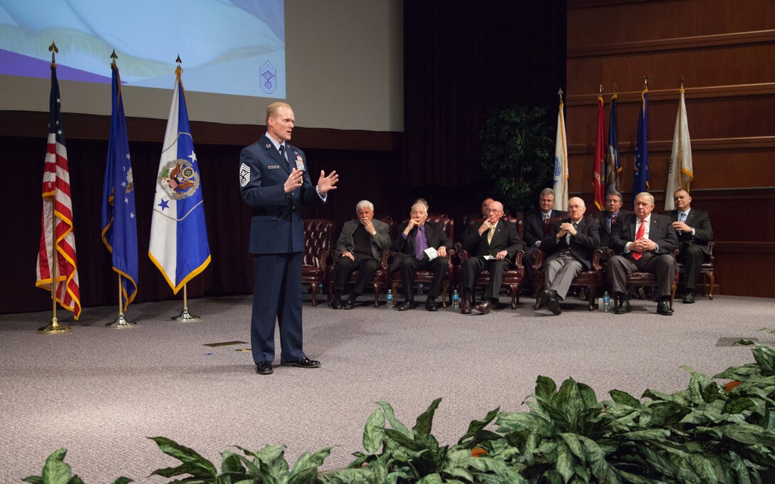 Maxwell Air Force Base, Ala. - Chief Master Sergeant of the Air Force James A. Cody, provides closing comments during a CMSAF positional colors ceremony at the Air Force Senior Noncommissioned Officer Academy, Thursday, Feb. 27, 2014. During the ceremony, Cody presented the positional colors to former Chief Master Sergeants of the Air Force and surviving family members. (USAF photo by Senior Master Sgt. Lee E. Hoover Jr./Released)