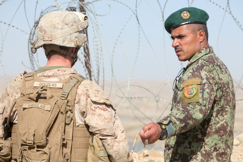 Colonel Christopher Douglas, the team leader of Security Force Assistance Advisor Team 2-215, looks out over the Sangin Valley while discussing a recent operation with Col. AbdulHai Neshat, the executive officer of 2nd Brigade, 215th Corps, Afghan National Army, on an outpost near Forward Operating Base Robinson, Feb. 24, 2014. Douglas, a reservist from Ballston Spa, N.Y., and Neshat meet frequently to discuss the future of the Sangin Valley and the security of the upcoming Afghan presidential elections.