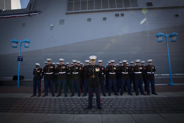 US Marines with Combat Logistics Regiment 25, 2nd Marine Logistics Group, stand in formation at the commissioning ceremony for USS Somerset (LPD 25) at Penn's Landing, Philadelphia, Pa., March 1, 2014. USS Somerset is the newest San Antonio class amphibious transport ship and it was named to honor the passengers of United Airlines Flight 93 that crashed in Somerset County on September 11, 2001.