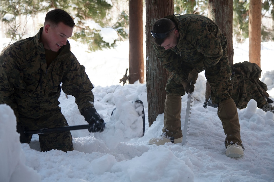 Staff Sgt. Kenneth R. Ellis, right, cuts through thick snow with an ice saw, while 1st Lt. Sam C. Carlson shovels snow away to make a pathway Feb. 24 during Exercise Forest Light 14-2 at Sekiyama Training Area in Niigata prefecture, Japan. The training for Exercise Forest Light improves cold-weather survival skills for the Marines with 3rd Battalion, 1st Marine Regiment, currently assigned to 4th Marine Regiment, 3rd Marine Division, III Marine Expeditionary Force, under the unit deployment program. Ellis is a platoon sergeant with the battalion. Carlson is a platoon commander with the battalion.


