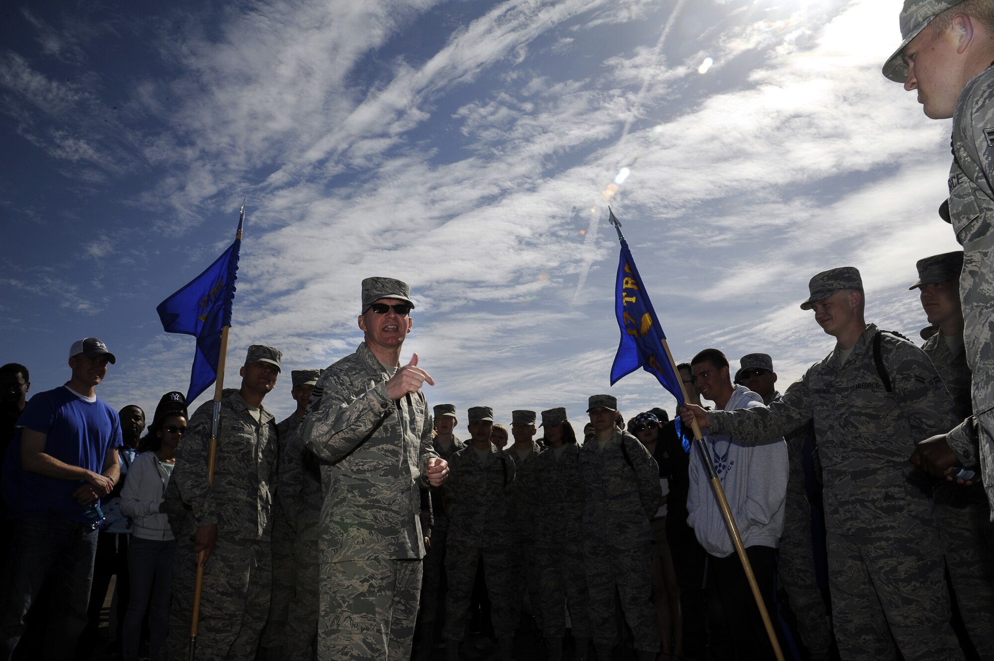 GOODFELLOW AIR FORCE BASE, Texas -- Chief Master Sgt. Thomas Good, 17th Training Wing Command Chief, speaks during a huddle after the 17th Training Group’s first quarter drill competition here Feb. 22. The 315th Training Squadron swept the competition taking home the awards for open ranks, regulation and exhibition drills as well as the Overall Award. The 312th Training Squadron won the Spirit Award. (U.S. Air Force photo/ Staff Sgt. Austin Knox)