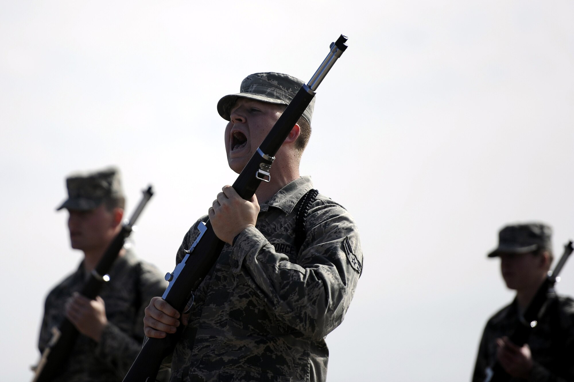 GOODFELLOW AIR FORCE BASE, Texas -- Airman 1st Class Richard Westra, 312th Training Squadron drill team commander, sounds off during the exhibition drill portion of the 17th Training Group’s first quarter drill competition here Feb. 22. The judges scored each squadron on exhibition drill, regulation drill and open ranks. (U.S. Air Force photo/ Staff Sgt. Austin Knox)