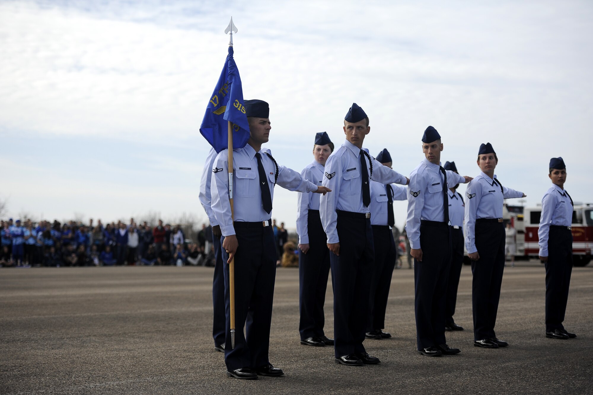 GOODFELLOW AIR FORCE BASE, Texas -- The 315th Training Squadron drill team performs a regulation drill during the 17th Training Group’s first quarter drill competition here Feb. 22. The competition included individual, regulation and exhibition drills, and open ranks. Drills consist of a series of movements executed by command. Individual drills are one person competitions, regulation drill follows the guidance of Air Force Manual 36-2203, Drill and Ceremonies, and exhibition allows drill commanders to choreograph a routine with movements outside of regulations. (U.S. Air Force photo/ Staff Sgt. Austin Knox)