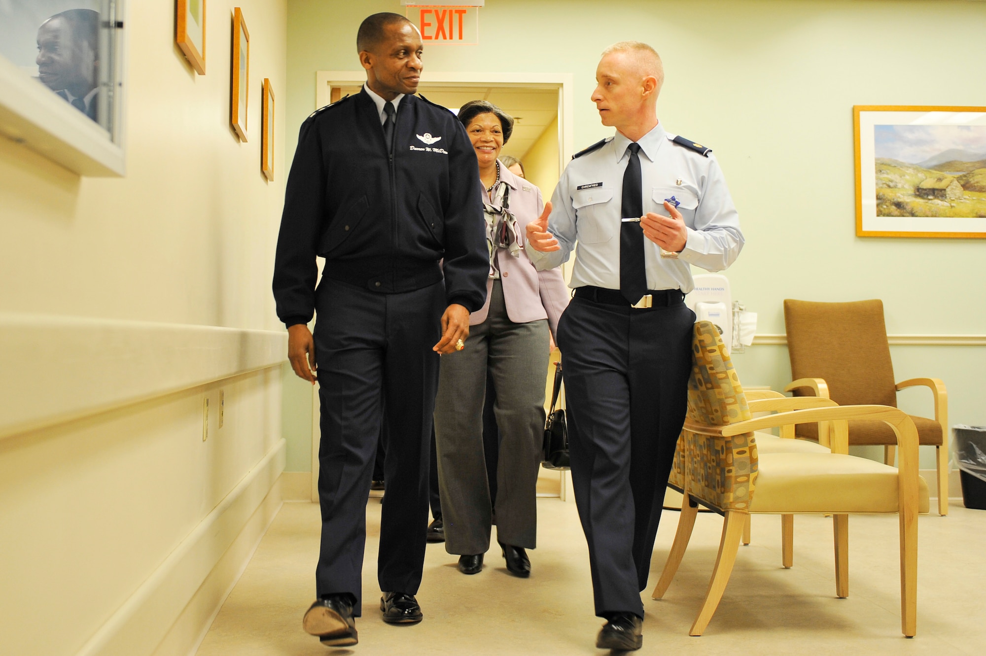 Lt. Gen. Darren W. McDew, 18th Air Force commander, and his wife Evelyn, tour the 375th Medical Group during an official visit here Feb. 28, 2014 at Scott Air Force Base, Ill. Lt. Gen. and Mrs. McDew visited a number of wing organizations including the chapel, the 375th Medical Group and the Sexual Assault Response Coordinator. At each location, they were briefed on how the organization contributes to the overall wing mission. (U.S. Air Force photo/Airman 1st Class Kiana Brothers)