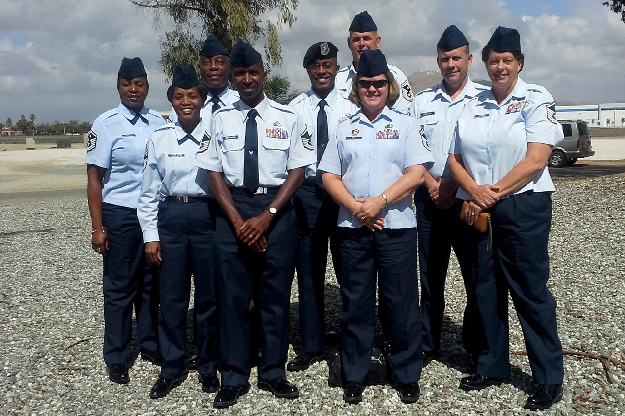 U.S. Air Force Airmen from the South Carolina Air National Guard attended a three-day workshop at March Air Force Base to receive Yellow Ribbon, deployment readiness and Four Lenses training, Sept. 2014.   Pictured from left to right, Master Sgt. Cynthia Rucker, Chief Master Sgt. Bonita Floyd-Ross, Command Chief Master Sgt. Robert Davis, Master Sgt. James Jefferson, Tech. Sgt. Michael Bryant, Senior Master Sgt. David Hutter, Senior Master Sgt. Rhonda Hill, Chief Master Sgt. Shawn Chrystal and Master Sgt. Martina Borg. (U.S. Air National Guard photo by UNKNOWN/Released)
