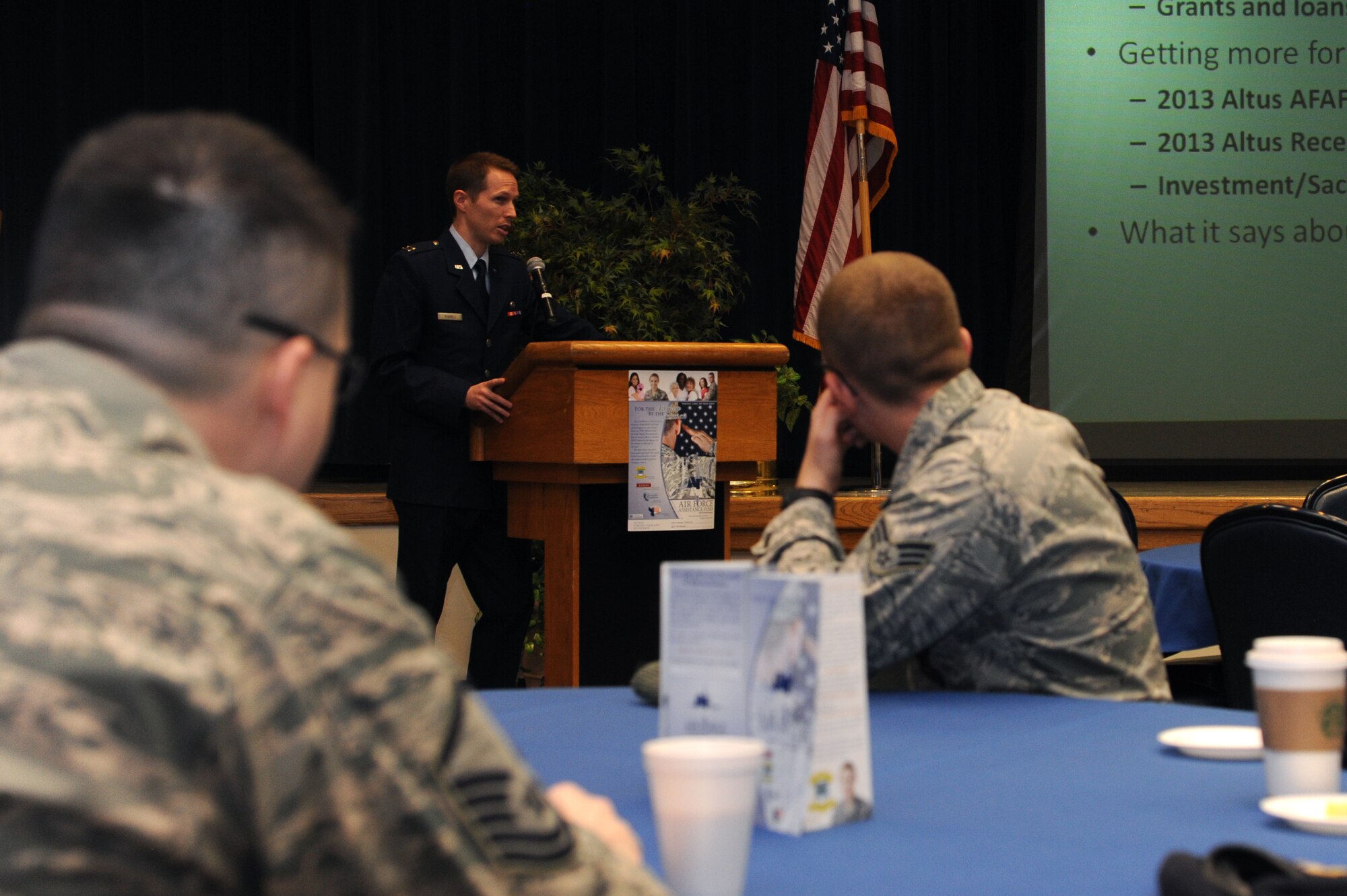ALTUS AIR FORCE BASE, Okla. – U.S. Air Force Capt. Mike Bunnell, Air Force Assistance Fund installation project officer, speaks with unit representatives at the AFAF Kickoff Breakfast inside the Freedom Community Center March 3, 2014. The campaign aims to raise money for four charities that make up the fund and will continue until April 11, 2014. (U.S. Air Force photo by Airman 1st Class J. Zuriel Lee/Released)