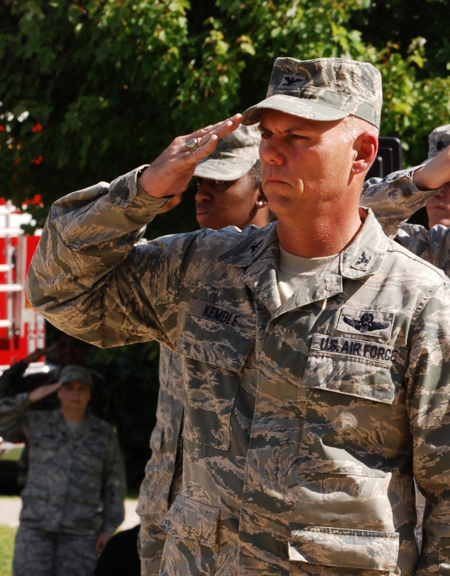 Col. Richard Kemble, 94th Airlift Wing vice commander, officiates a ceremony on the 10th Anniversary of the September 11 attacks, in 2011. Kemble will soon depart Dobbins Air Reserve Base for the U.S. Transportation Command, Scott Air Force Base, Ill, to serve as the chief of the Deployment Distribution Operations Center. (U.S. Air Froce photo/Brad Fallin)