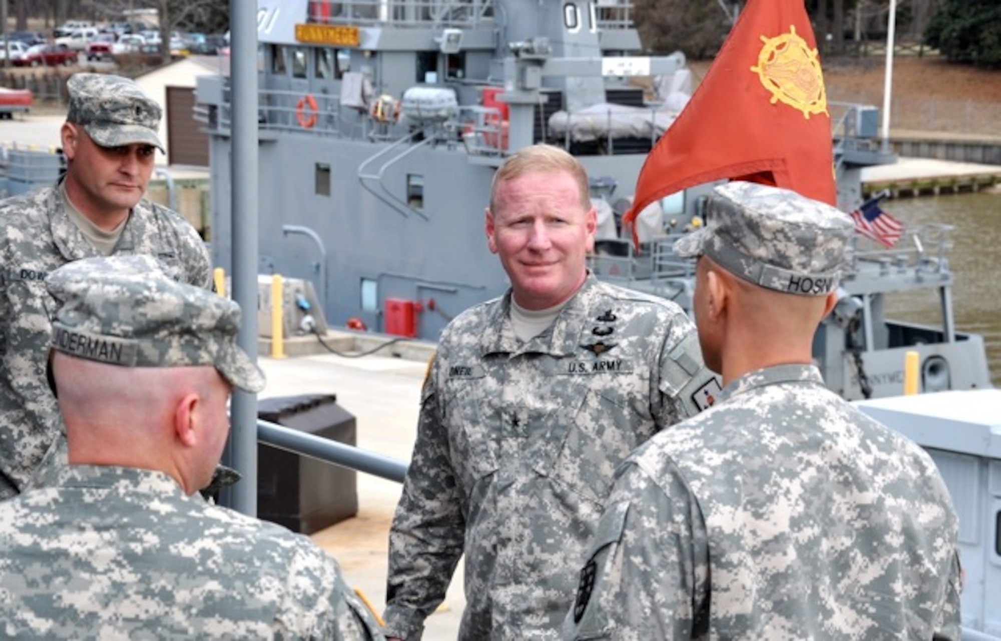 U.S. Army Brig. Gen. John O’Neil, Quartermaster General commandant, Army Quartermaster School visits, 3rd Port and the 10th Transportation Battalion as he tours the Logistics Support Vessel at Fort Eustis, Va., Feb. 26, 2014. O’Neil was shown the most recent upgrades on the vessel. (U.S. Army Photo by Sgt. Stefanie Warner/Released)