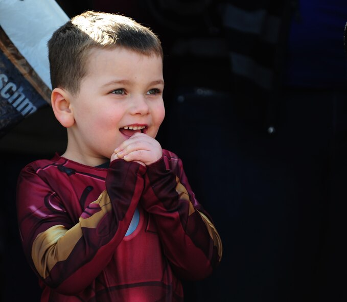 Ironman shows excitement as he watches the Fasching parade begin March 4, 2014, Ramstein Village, Germany. This annual event is a pre-Lenten carnival, which is celebrated with the donning of wild and fancy costumes to chase away the evil spirits of winter in preparation for spring. (U.S. Air Force photo/Senior Airman Hailey Haux)