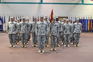 Members of the 1099th Transportation Company (medium boat), 10th Transportation Battalion, 7th Transportation Brigade (Expeditionary) prepare for a redeployment ceremony at Fort Eustis, Va., Feb. 24, 2014.  The 1099th Trans. Co. returned from a nine-month deployment in Kuwait. (U.S. Army photo by Sgt. Stefanie Warner/Released)