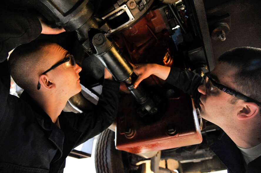 U.S. Air Force Air Force Airman 1st Class Cody Smith, 509th Logistics Readiness Squadron vehicle maintenance journeyman, left, and Staff Sgt. Kyle Bemis, 509th Logistics Readiness Squadron vehicle maintenance craftsman, inspect starter ring on MB4 bomb trailer at Whiteman Air Force Base, Mo., Feb. 21, 2014. They must ensure the gear isn’t blemished so the starter gear and mesh properly, allowing the vehicle to start. (U.S. Air Force photo by Airman 1st Class Keenan Berry/Released)