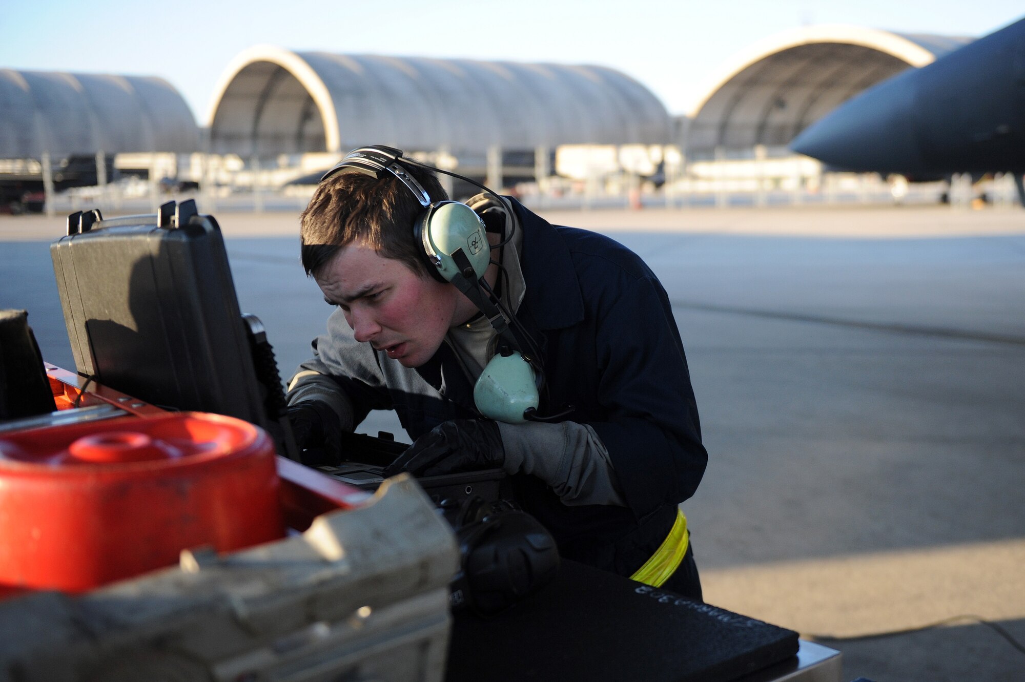 Airman 1st Class Joshua Russell, 4th Aircraft Maintenance Squadron crew chief, prepares an F-15 Strike Eagle for takeoff, Feb. 28, 2014, at Seymour Johnson Air Force Base, N.C. The 4th Fighter Wing will act as the lead unit for Red Flag 14-2 at Nellis Air Force Base, Nev. Red Flag’s mission is to maximize the combat readiness and survivability of domestic and foreign participants by providing a realistic training environment. (U.S. Air Force photo/Airman 1st Class Aaron J. Jenne)