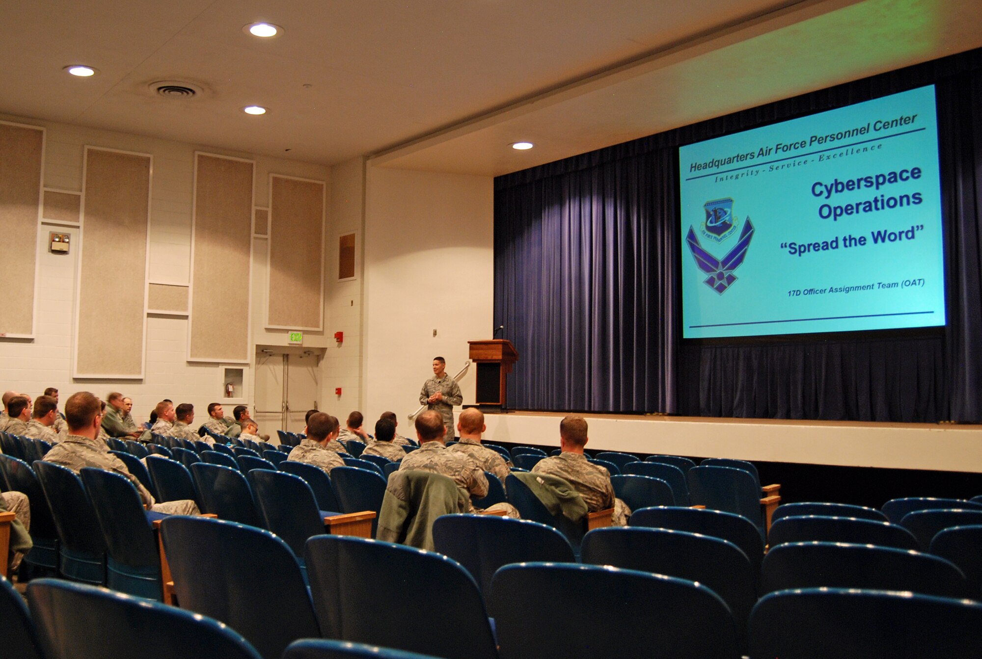 PETERSON AIR FORCE BASE, Colo. –The 17D Road Show team visited PAFB and presented a full brief and open forum to the Cyberspace Operations Officer 17D career field at the base theater Feb. 26. The four briefers with the 17D Officer Assignment Team offered in-depth knowledge and understanding of personnel placement within the career field, giving a comprehensive overview to help provide clarification to the ever changing requirements and demand for Airmen in this career field. Service members in attendance were encouraged to ask questions throughout the brief and were provided time afterward to have one-on-one consultation with members of the ODT to discuss individual needs and concerns about their own personal career progression. (U.S. Air Force photo/Michael Golembesky)