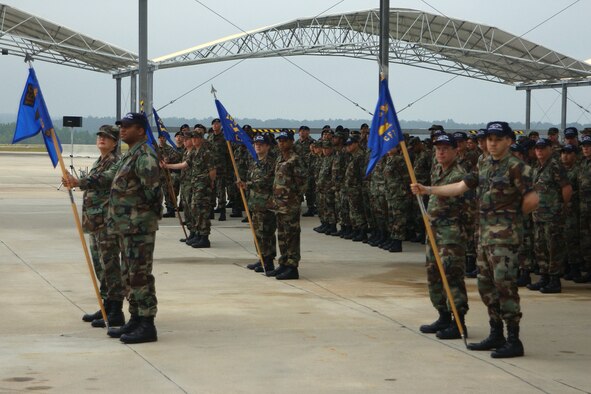 U.S. Airmen with the South Carolina Air National Guard form up for Retirement and Awards ceremony on the flight line at McEntire Joint National Guard Base, S.C., May 5, 2007.  (U.S. Air National Guard photo by Tech. Sgt. Caycee Watson/Released)