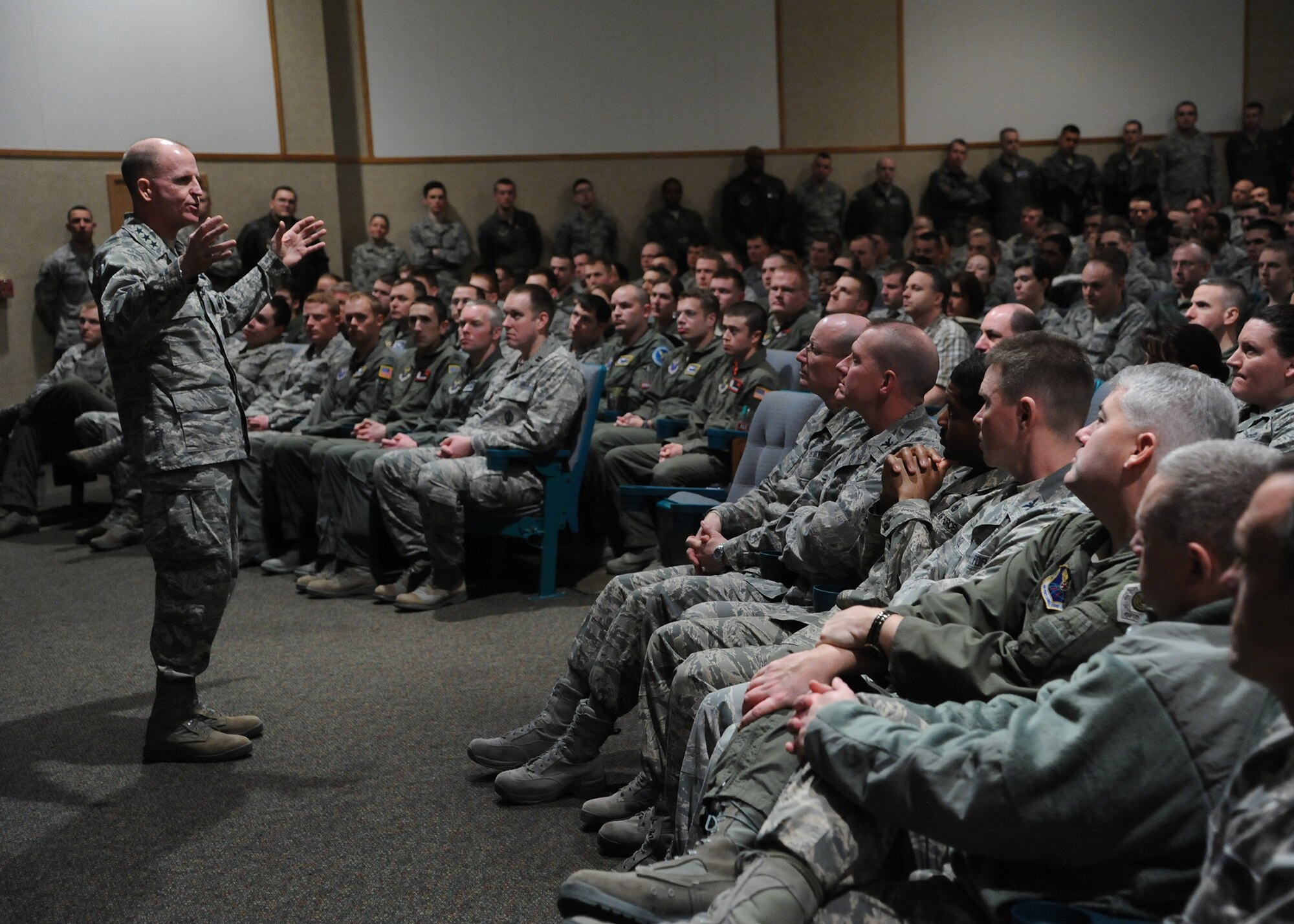 Lt. Gen. Stephen Wilson, Air Force Global Strike Command commander, speaks to Team Malmstrom members during an all call at the base auditorium at Malmstrom Air Force Base, Mont., on Feb. 26. During his speech, Wilson relayed various different messages, including the need to build and deepen relationships, the importance of education and improving communication between units, bases and major commands. (U.S. Air Force photo/Senior Airman Cortney Paxton)