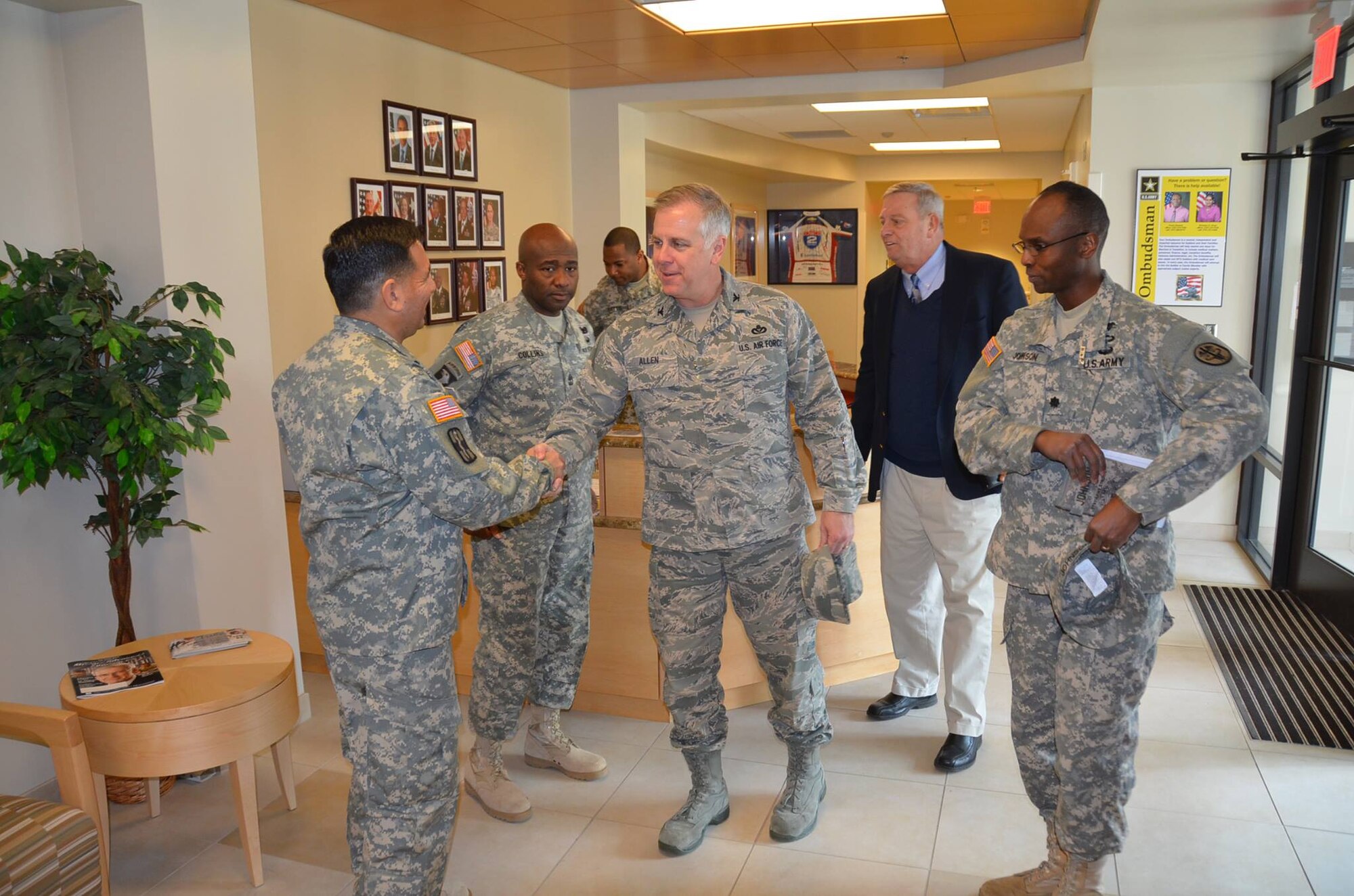 U.S. Air Force Col. John J. Allen Jr., 633rd Air Base Wing commander, meets with leadership of McDonald Army Health Center and the Warrior Transition Unit at Fort Eustis, Va., Feb. 20, 2014. (U.S. Army photo by Andrew J. Brown Jr./Released)