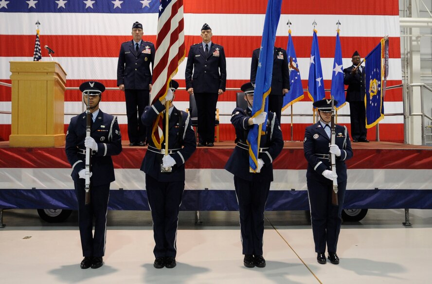 The Whiteman Air Force Base Honor Guard presents the colors during the 509th Bomb Wing’s Change of Command ceremony at Whiteman Air Force Base, Mo., Feb. 21, 2014. Brig. Gen. Glen VanHerck took command of the 509th BW. VanHerck is the former commander of the 7th Bomb Wing, Dyess Air Force Base, Texas. (U.S. Air Force photo by Staff Sgt. Alexandra M. Boutte/Released)