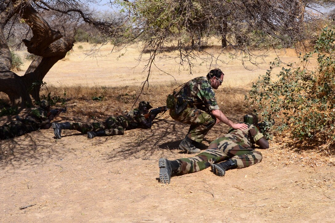 A French military training instructor, center, teaches proper patrolling techniques with Nigerien troops during Joint Exercise Flintlock 2014 over northeastern Niger, March 2, 2014.