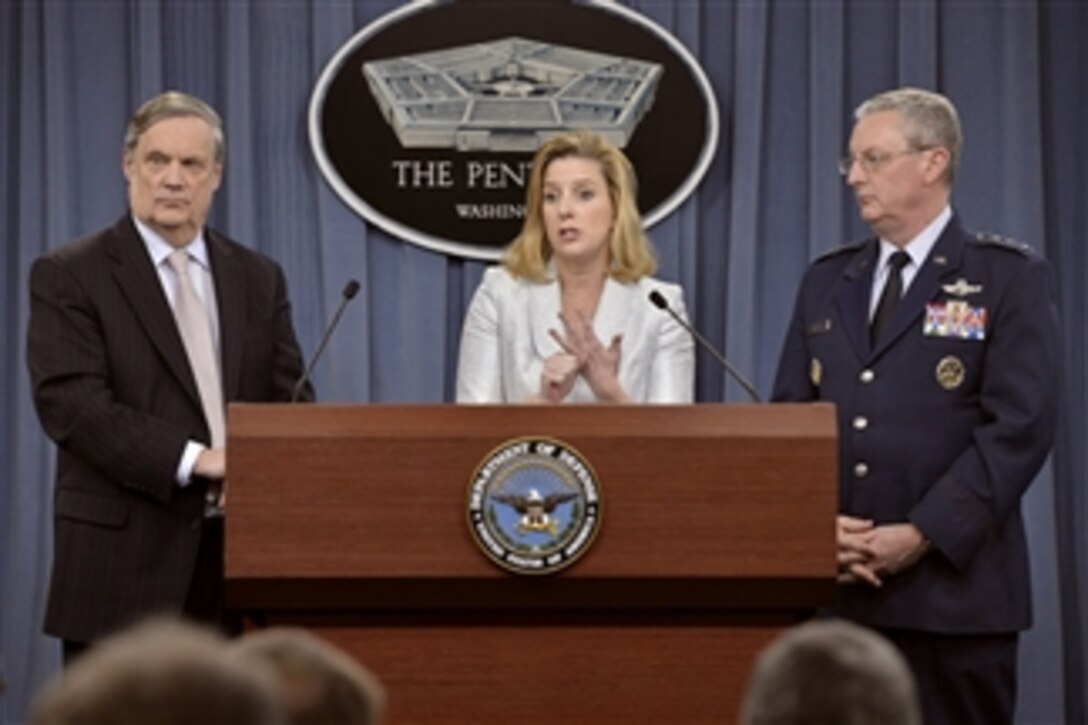 Robert F. Hale, left, the Defense Department's comptroller; Christine E. Wormuth, deputy undersecretary for strategy, plans and force development; and Air Force Lt. Gen. Mark F. Ramsay, Joint Staff director for force structure, resources and assessments, respond to questions from reporters about the department's fiscal year 2015 budget request at the Pentagon, March 4, 2014.