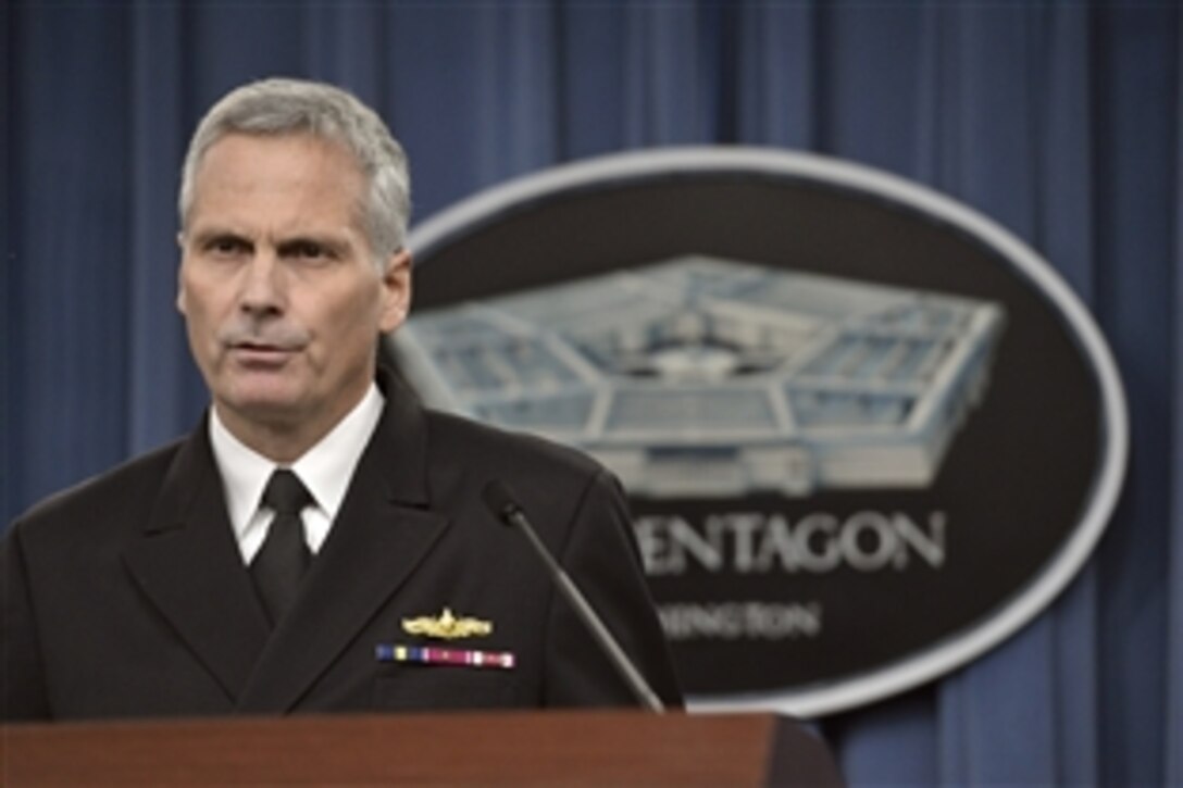 Missile Defense Agency Director Navy Vice Adm. James D. Syring briefs reporters on the Missile Defense Agency's fiscal year 2015 budget request at the Pentagon, March 4, 2014. 