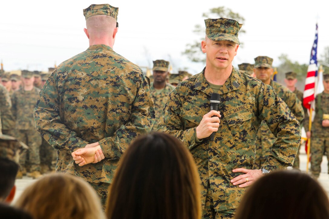 Sergeant Maj. Timonthy J. Rudd gives thanks to the families, friends, Marines and sailors in attendance during the 2nd Battalion, 8th Marine Regiment, 2nd Marine Division, Post and Relief ceremony aboard Marine Corps Base Camp Lejeune, N.C., March 3, 2014. Sergeant Maj. Jonathan D. Martin took his post as the new battalion sergeant major. The battalion commander passes on the Non-Commissioned Officer Sword to symbolize a transfer of total responsibility, authority and accountability between the sergeants major. Rudd has been the battalion sergeant major since Jan. 2012.