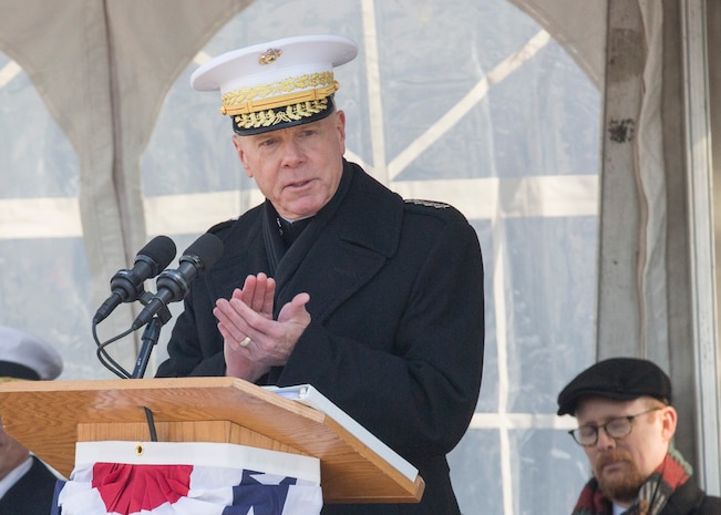 Commandant of the Marine Corps, Gen. James F. Amos, addresses the audience as the keynote speaker at the commissioning ceremony for USS Somerset (LPD 25) at Penn's Landing, Philadelphia, Pa., March 1, 2014. USS Somerset is the newest San Antonio class amphibious transport ship and it was named to honor the passengers of United Airlines Flight 93 that crashed in Somerset County on September 11, 2001.

