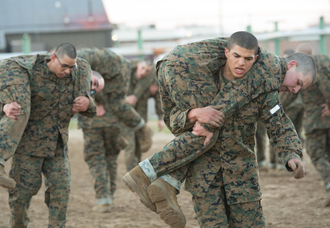 Rct. Julian Morris carries Rct. Jacob Ligon, both with Platoon 2028, Golf Company, 2nd Recruit Training Battalion, during a martial arts endurance course Feb. 6, 2014, on Parris Island, S.C. The course consists of different stations at which recruits practice martial arts techniques they learned earlier in training to increase their proficiency, strength and stamina. The course is part of the Marine Corps Martial Arts Program, which combines hand-to-hand combat skills with mental discipline and character development to help transform recruits into honorable warriors. Morris, a 20-year-old native of Dover, N.J., and Ligon, a 19-year-old native of Monroe, La., are scheduled to graduate April 11, 2014. Parris Island has been the site of Marine Corps recruit training since Nov. 1, 1915. Today, approximately 20,000 recruits come to Parris Island annually for the chance to become United States Marines by enduring 13 weeks of rigorous, transformative training. Parris Island is home to entry-level enlisted training for 50 percent of males and 100 percent of females in the Marine Corps. (Photo by Lance Cpl. Vaniah Temple)