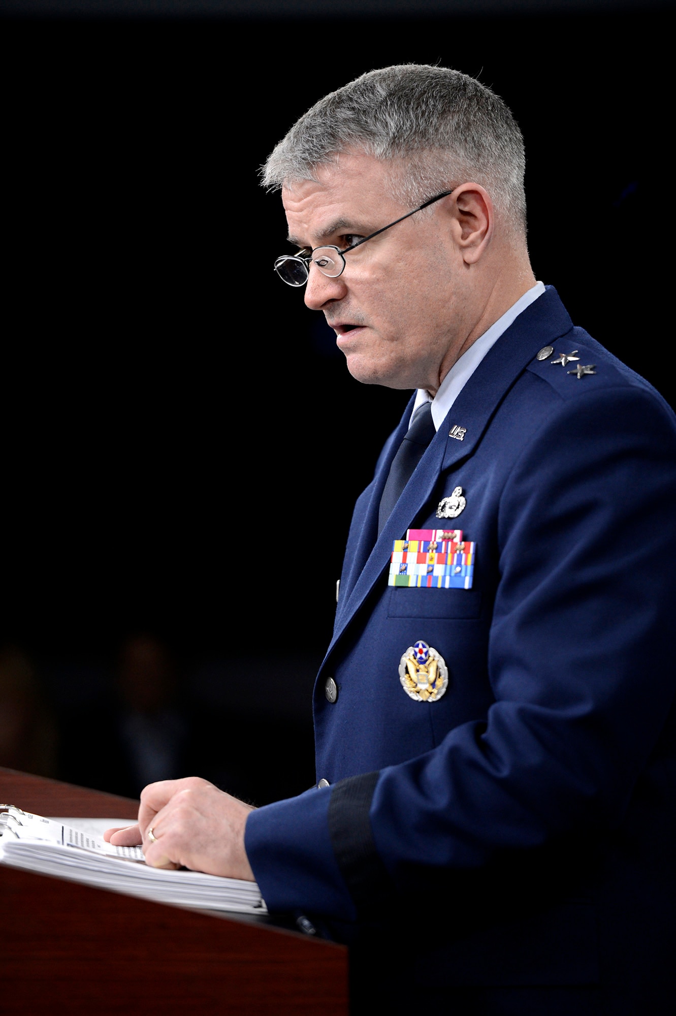 Maj. Gen. James R. Martin delivers the 2015 Air Force Budget before the media March 4, 2014, at the Pentagon.  The Air Force is requesting a topline budget of $109.3 billion, supporting a total force end strength of 483,000 personnel and protects the Air Force's top recapitalization priorities:  the KC-46A Pegasus, F-35A Lightning II and the Long Range Strike Bomber. Martin is the Deputy Assistant of the Assistant Secretary of the Air Force for Financial Management and Comptroller. (U.S. Air Force photo/Scott M. Ash)