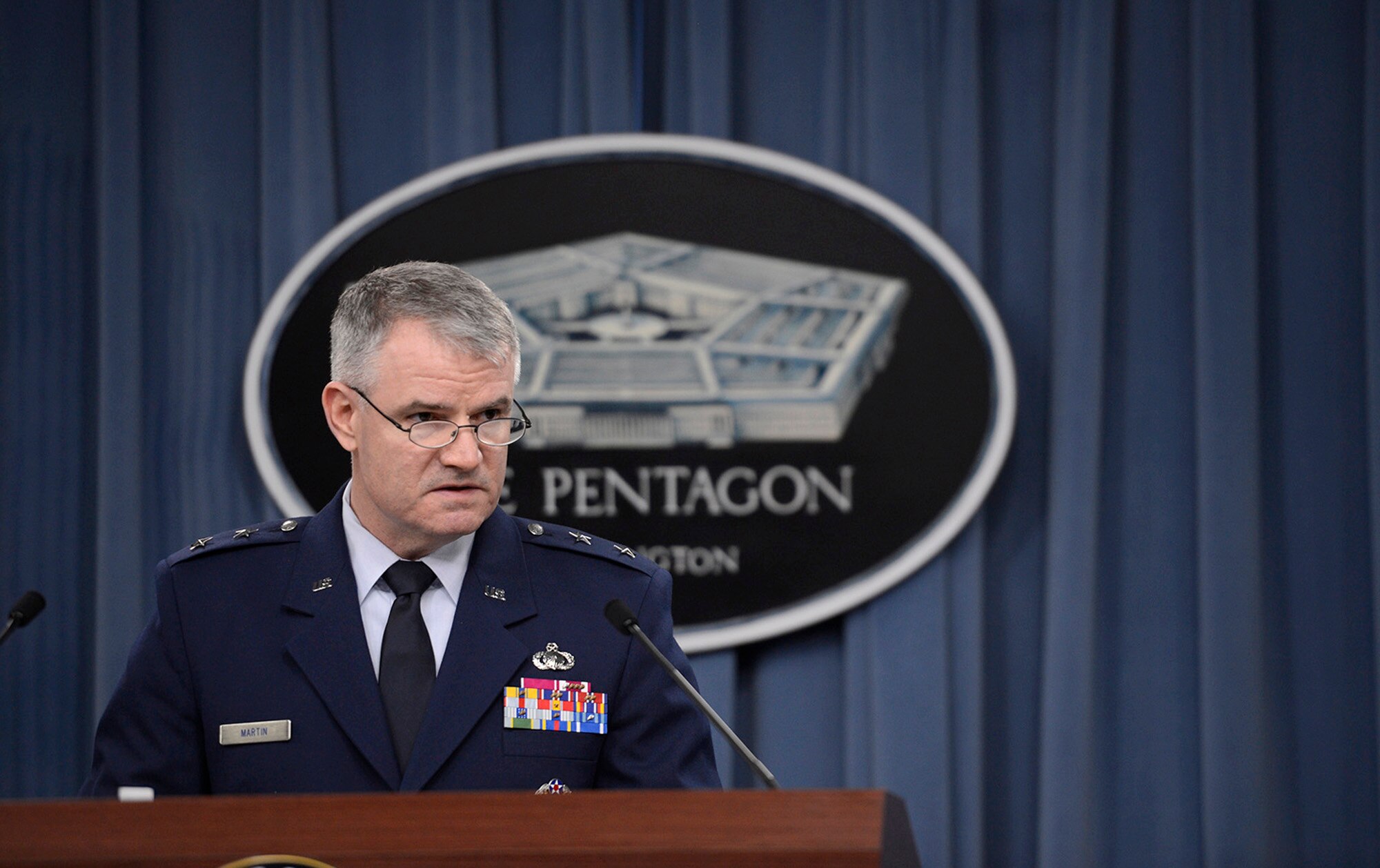 Maj. Gen. James R. Martin delivers the 2015 Air Force Budget before the media March 4, 2014, at the Pentagon.  The Air Force is requesting a topline budget of $109.3 billion, supporting a total force end strength of 483,000 personnel and protects the Air Force's top recapitalization priorities:  the KC-46A Pegasus, F-35A Lightning II and the Long Range Strike Bomber. Martin is the Deputy Assistant of the Assistant Secretary of the Air Force for Financial Management and Comptroller. (U.S. Air Force photo/Scott M. Ash)
