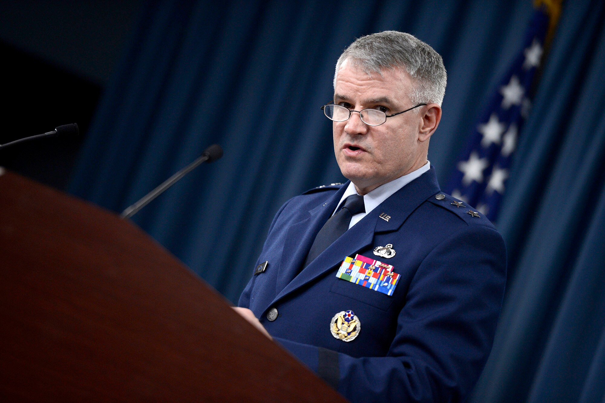 Maj. Gen. James R. Martin delivers the 2015 Air Force Budget before the media March 4, 2014, at the Pentagon.  The Air Force is requesting a topline budget of $109.3 billion, supporting a total force end strength of 483,000 personnel and protects the Air Force's top recapitalization priorities:  the KC-46A Pegasus, F-35A Lightning II and the Long Range Strike Bomber. Martin is the Deputy Assistant of the Assistant Secretary of the Air Force for Financial Management and Comptroller. (U.S. Air Force photo/Scott M. Ash)