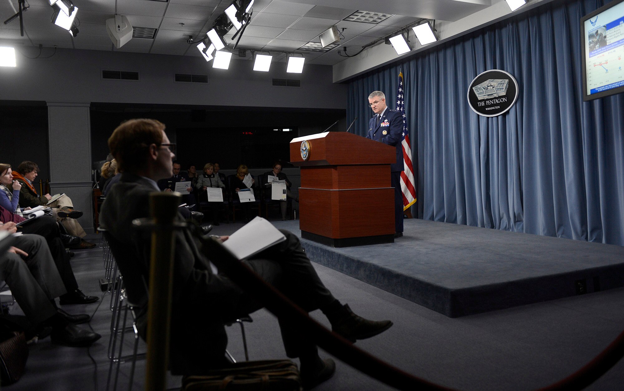 Maj. Gen. James R. Martin delivers the 2015 Air Force Budget before the media March 4, 2014, at the Pentagon.  The Air Force is requesting a topline budget of $109.3 billion, supporting a total force end strength of 483,000 personnel and protects the Air Force's top recapitalization priorities:  the KC-46A Pegasus, F-35A Lightning II and the Long Range Strike Bomber. Martin is the Deputy Assistant of the Assistant Secretary of the Air Force for Financial Management and Comptroller. (U.S. Air Force photo/Scott M. Ash)