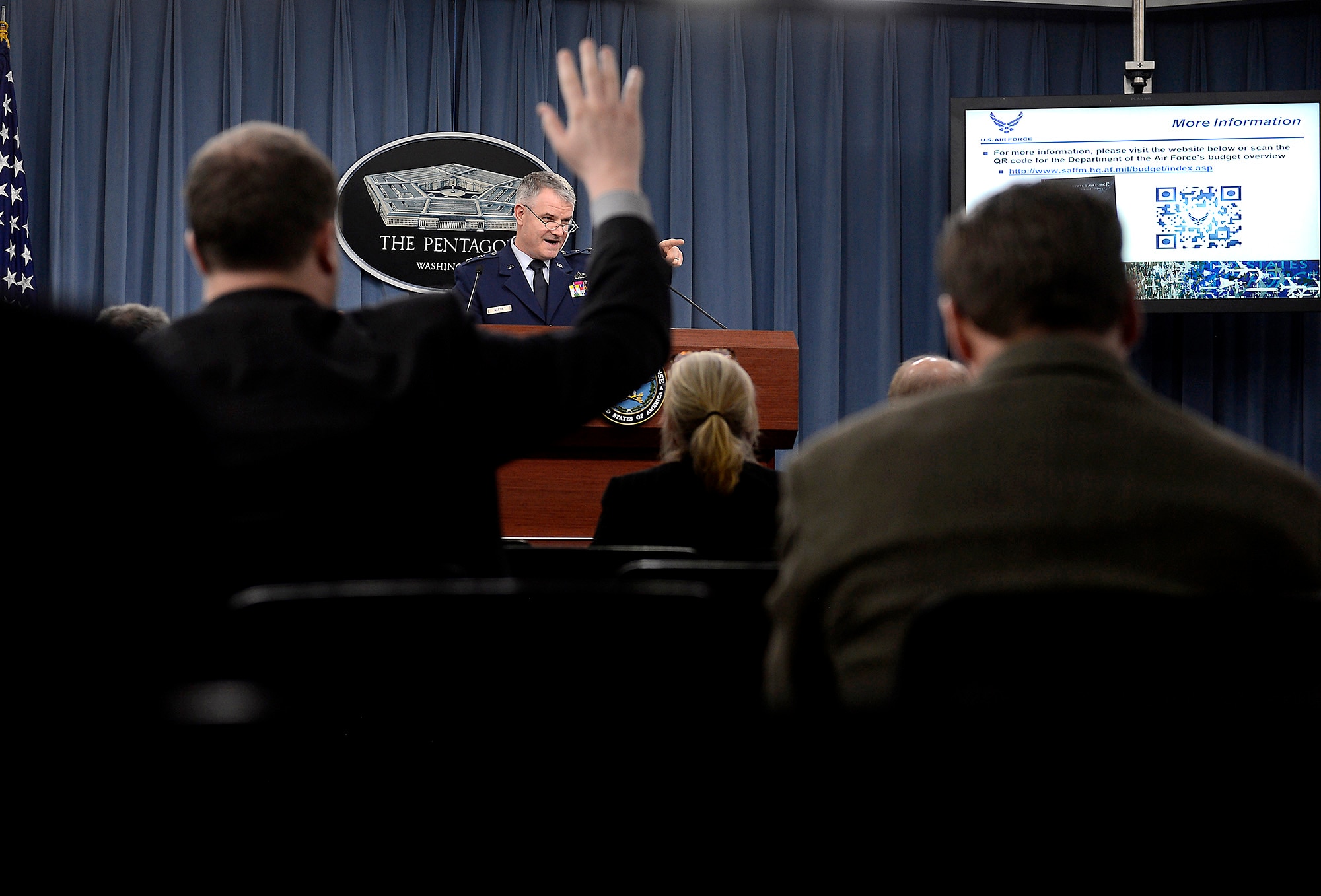 Maj. Gen. James R. Martin delivers the 2015 Air Force Budget before the media March 4, 2014, at the Pentagon.  The Air Force is requesting a topline budget of $109.3 billion, supporting a total force end strength of 483,000 personnel and protects the Air Force's top recapitalization priorities:  the KC-46A Pegasus, F-35A Lightning II and the Long Range Strike Bomber. Martin is the Deputy Assistant of the Assistant Secretary of the Air Force for Financial Management and Comptroller. (U.S. Air Force photo/Scott M. Ash)
