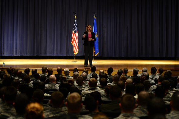 Secretary of the Air Force Deborah Lee James speaks with Airmen during an all call  Feb. 27, 2014, at Langley Air Force Base, Va. During the all call, James spoke with Airmen about budgeting, resources and the future of the Air Force. (U.S. Air Force photo/Airman 1st Class Kimberly Nagle) 