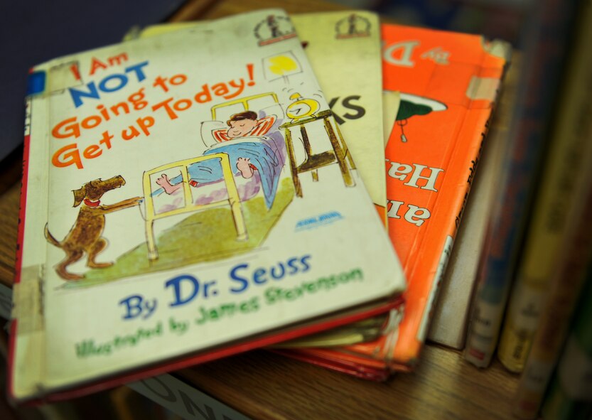 “I am not going to get up today” sits in the Osan American Elementary School’s library after being read to OAES students during Read Across America Day in celebration of Dr. Seuss’ Birthday at Osan Air Base, Republic of Korea, March 5, 2014. Read Across America Day was first organized by the National Education Association in 1997. (U.S. Air Force photo/Senior Airman Siuta B. Ika)