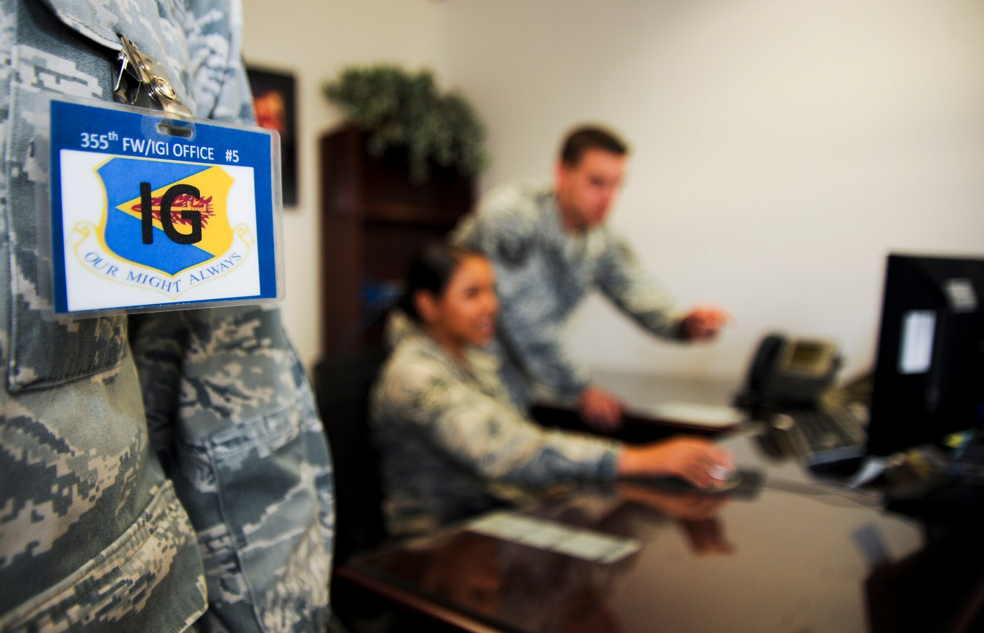 The Wing’s Inspection Team (WIT) at Davis-Monthan Air Force Base, Ariz., checks the knowledge operations manager’s management internal control toolset (MICT) during a random inspection, March 5, 2014. To ensure that D-M’s MICT is ready for the upcoming unit effectiveness inspection, WIT members randomly inspect different units. (U.S. Air Force photo by Senior Airman Sivan Veazie/Released)