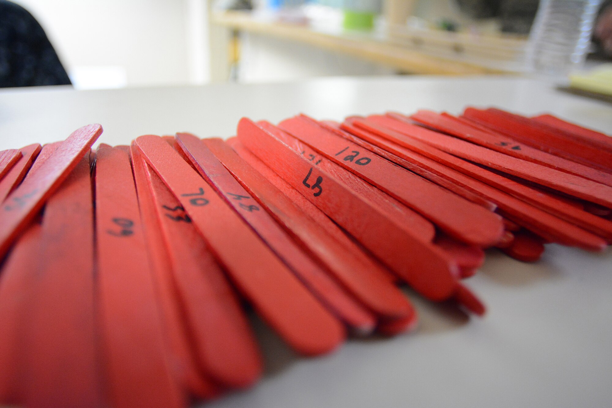 Red, numbered craft sticks are found on the front counter of the Heritage Manor building during Cajun Care 2014 in Abbeville, La., March 2, 2014. The sticks were handed out to patients to identify the treatment they wanted. The red sticks were used for medical appointments, blue sticks were used for dental appointments, and white sticks were used for optometry appointments. After the eighth day of the 10-day mission, Air National Guard, Navy and Army personnel had already given out colored popsicle sticks to more than 2,100 people, saving them more than $175,000 in medical services. (Air National Guard photo by Senior Airman Andrea F. Liechti)
